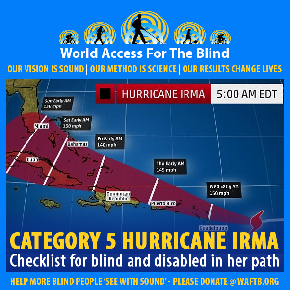 WAFTB Facebook module frames a map of the projected path of Hurricane Irma. Caption: Category 5 Hurricane Irma. Checklist for blind and disabled in her path.