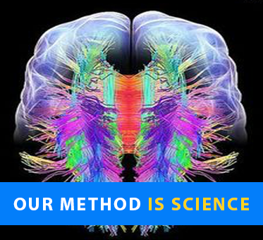 Our Method Is Science. Computer graphic of the brain shows the visual cortex and surrounding area 'lit up' in different colors.