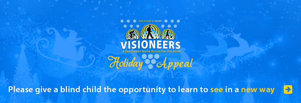 Visioneers Holiday Appeal. Please give a blind child the opportunity to learn to see in a new way. Image Illustration of Santa and his reindeer above treetops in falling snow.