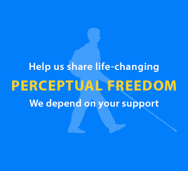 Help us share life-changing Perceptual Freedom. We depend upon your support. Image: Silhouette of Daniel Kish walking with his full-length navigation cane.
