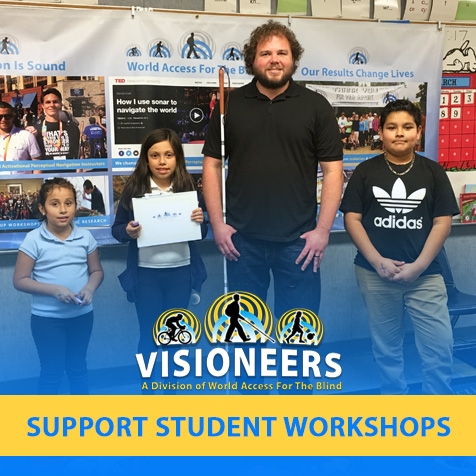 Visioneers. Support Student Workshops. Image: Photo shows Senior Visioneer Brian Bushway with students at a FlashSonar workshop during a Science Fair at their school in Los Angeles.