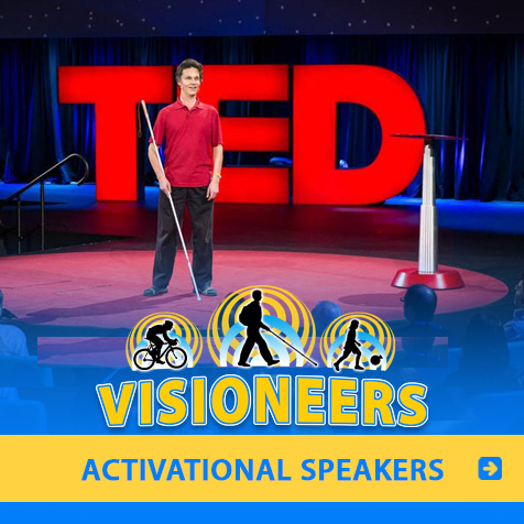 Category link: Activational Speakers. Image of Lead Visioneer Daniel Kish onstage at the global TED Conference.