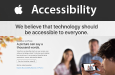 Screengrab from Apple.com Accessibility. Text reads We believe that technology should be available to everyone. Image shows a blind young man taking a photo of two people using Voiceover on the iPhone.