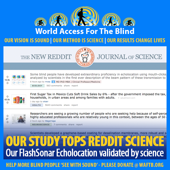Our study tops reddit science. Our FlashSonar echolocation validated by science. Image: Screen grab of 'The New Reddit Journal Of Science' webpage with the post about echolocation at the top of the list.