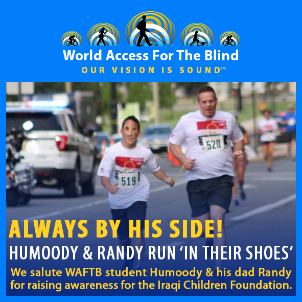 Social Media module frames a photo of Humoody Smith leading his Dad Randy by a Tether in a fundraising run. Caption: Always by his side! Humoody and Randy run "in their shoes". We salute WAFTB student Humoody and his Dad Randy for raising awareness for the Iraqi Children Foundation.