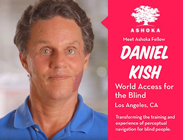 Ashoka. Meet Ashoka Fellow Daniel Kish. World Access For The Blind, Los Angeles, California. Transforming the training and experience of perceptual navigation for blind people. Image shows a photograph of Daniel Kish and the Ashoka tree logo.