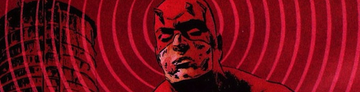 Panel from a Marvel Comic shows the masked face of the super-hero Daredevil surrounded by radar or sonar rings.