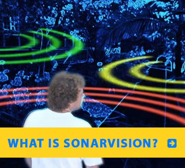 Link to The Science of SonarVision page. Still framwe from a CNN animation shows Senior Visioneer Brian Bushway sending out tongue clicks and receiving the FlashSonar echo waves back to paint a "fuzzy Geometry" of his front yard.
