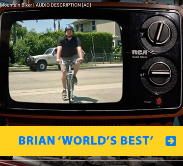 Brian "World's Best": Video frame of an old RCA tv with an image of Brian Bushway riding his bicycle towards the camera.