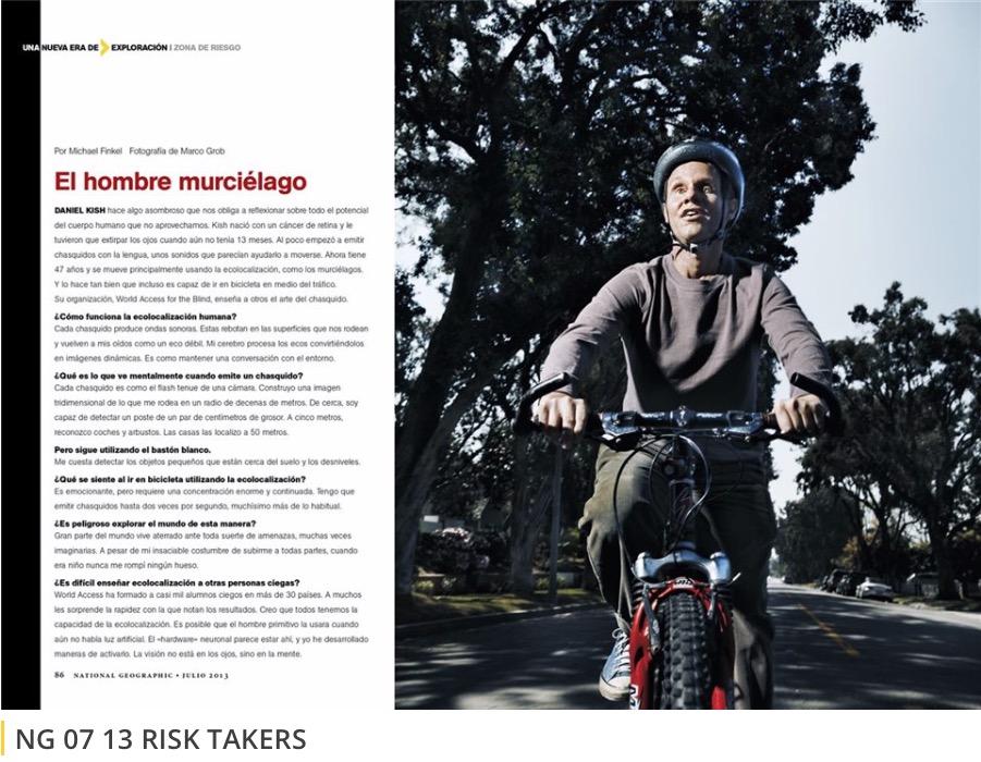 A screenshot of the National Geographic article about Daniel Kish and a photo of Daniel wearing a helmet while riding his bicycle.