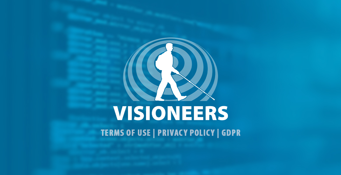 Visioneers Terms of Use | Privacy Policy | GDPR . Image: Visioneers logo is shown agains a transparent blue background with a blurred image of a computer screen full of code in the background.