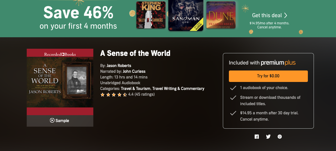Screenshot of the order page for the audiobook "A Sense of the World" at Audible.com