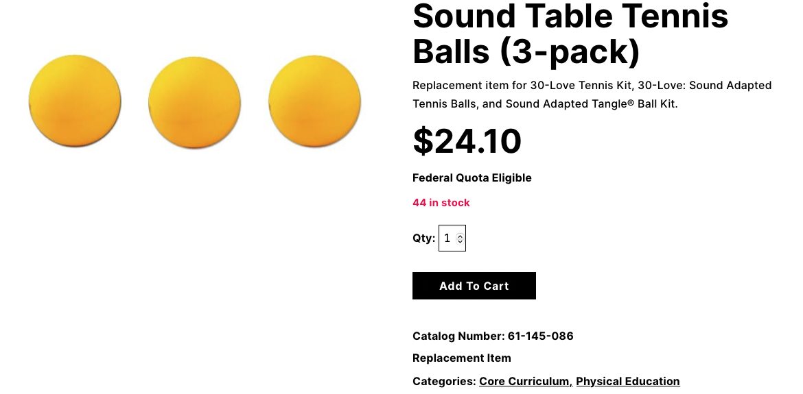 Screenshot of the order page for a 3 pack of Audible table tennis balls at American printing House.