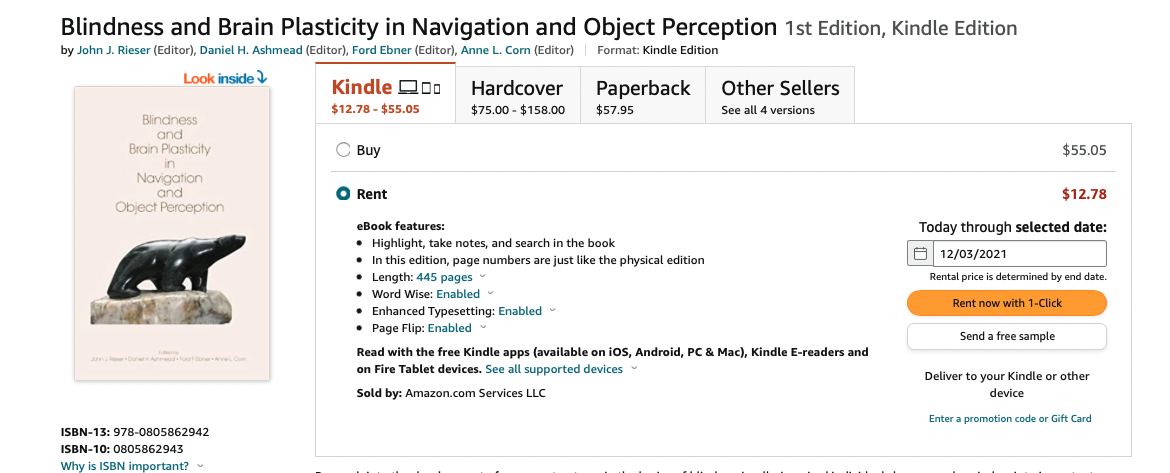 Screenshot of the Amazon order page for the book "Blindness and Brain Plasticity in Navigation and Object Perception".