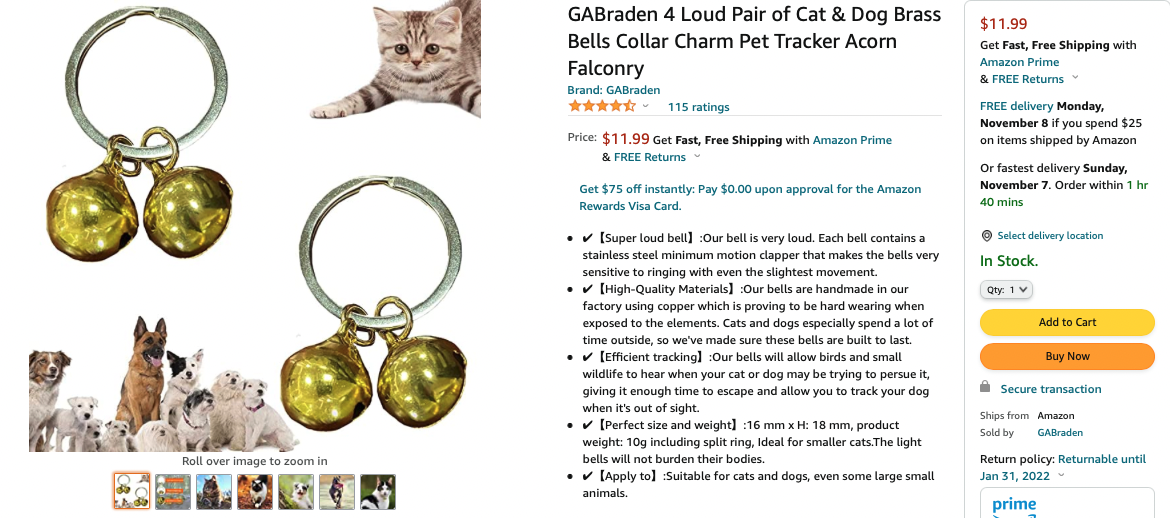 Screenshot of Amazon page for the Brass Acorn Falconry Bells.